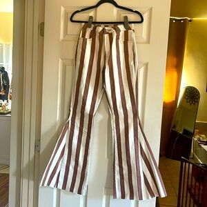 Med, brown and white striped bell bottom pants/jeans